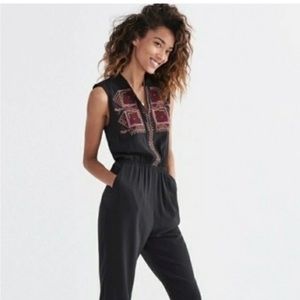 Madewell Embroidered Silk Folkway Jumpsuit in Classic Black